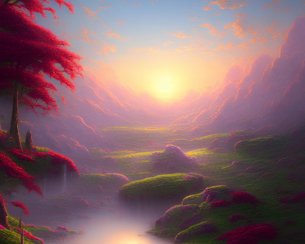 Tranquil fantasy landscape: sunset, river, hills, red foliage, pink sky