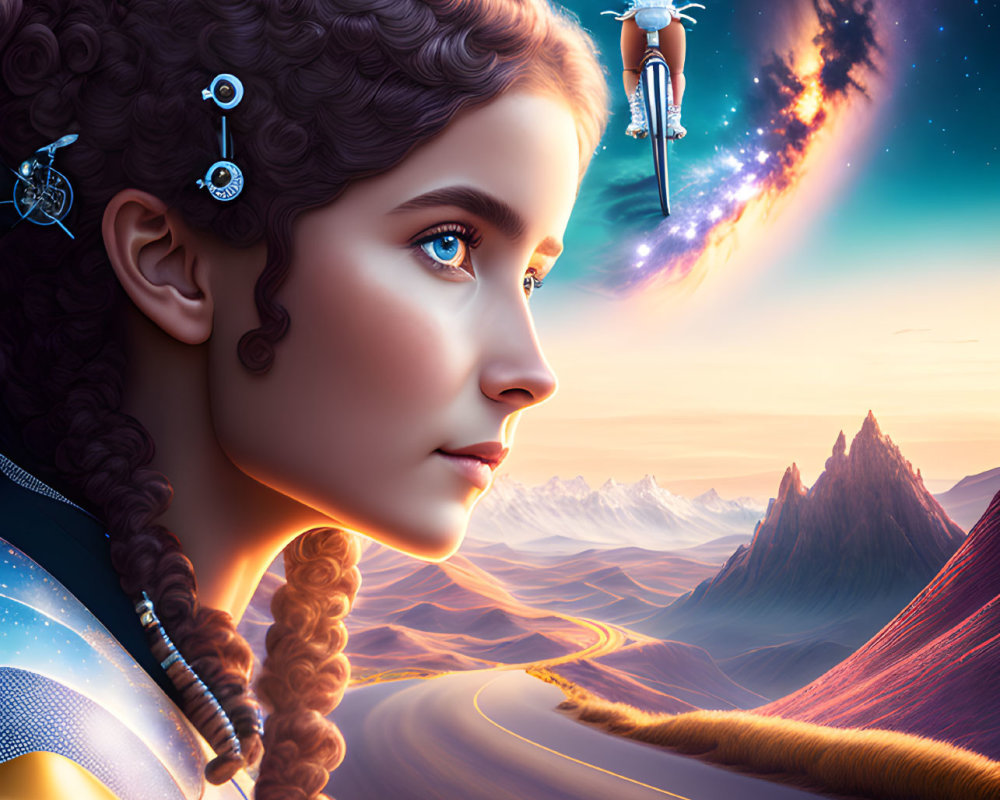 Digital artwork of woman with intricate hair and futuristic accessories gazing at distant figure on hoverbike in cosmic