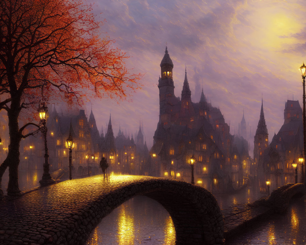 Cobblestone Bridge Over River at Dusk with Street Lamps and Old European Buildings