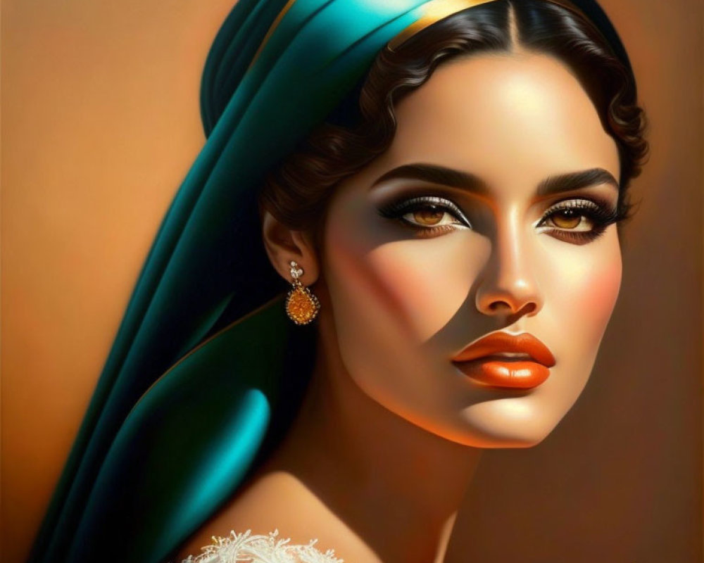 Portrait of woman with striking makeup, teal headscarf, ornate earring on warm background