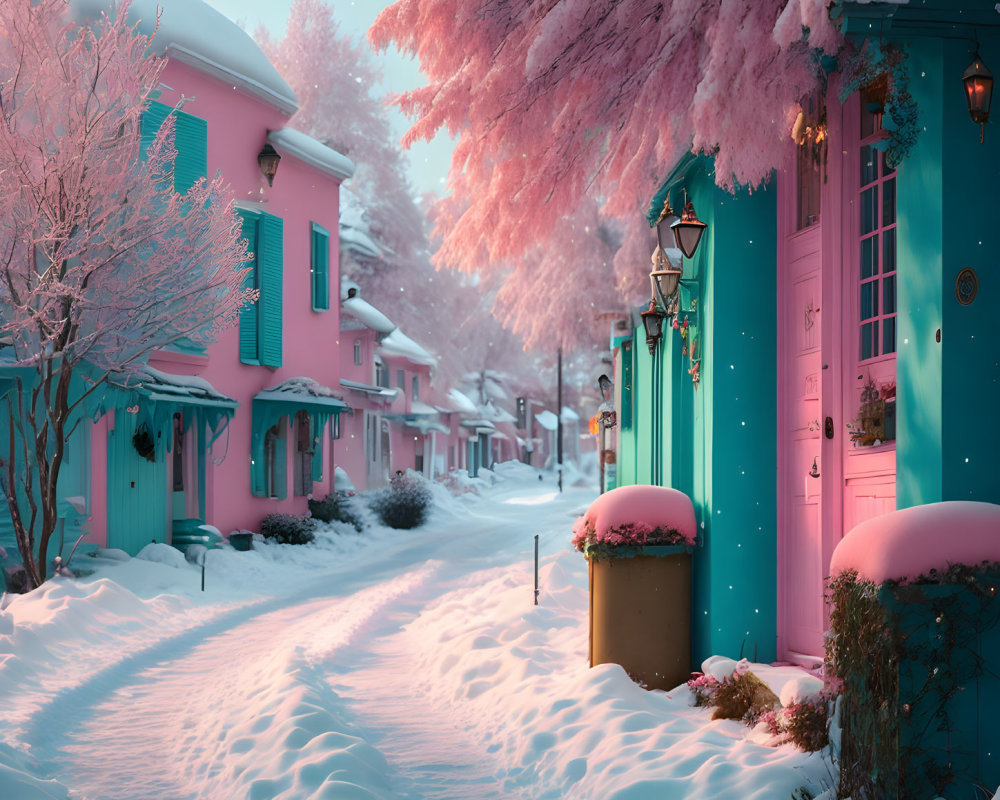 Snow-covered street with pastel-colored houses and pink trees.