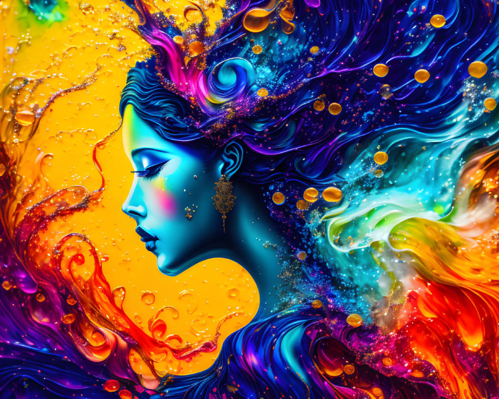 Colorful digital artwork of woman's profile with flowing hair