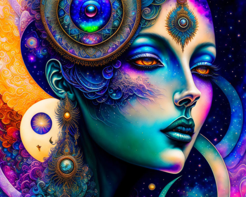 Vibrant artwork of a woman's face with cosmic elements and vibrant hues