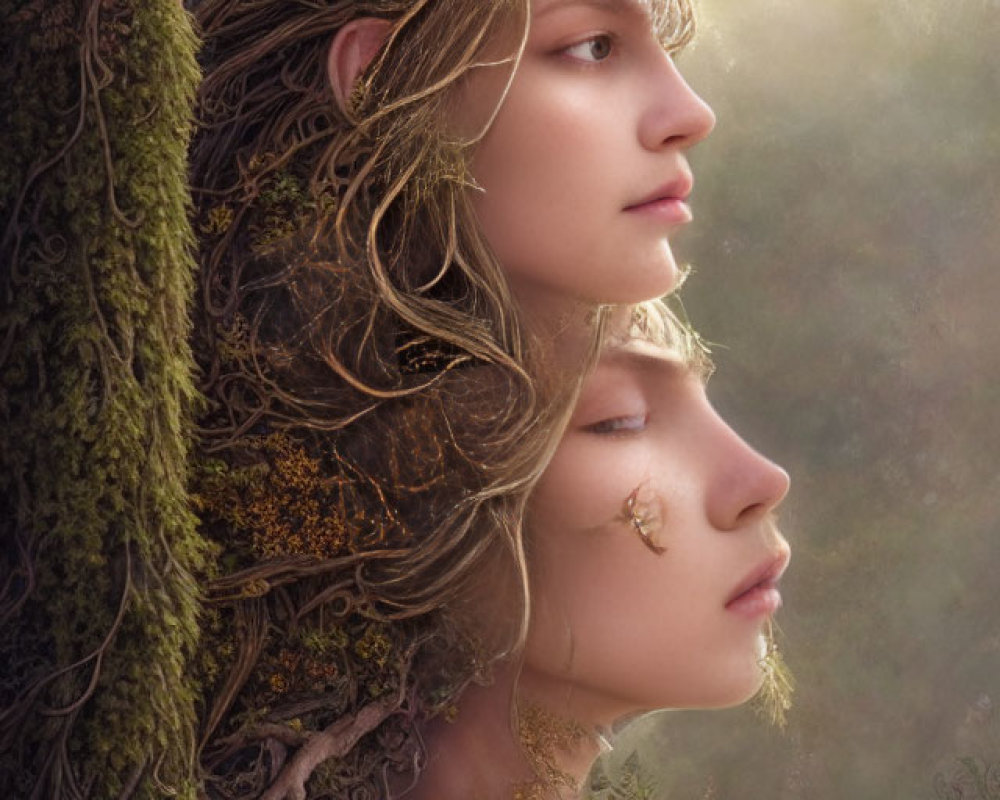Ethereal women's faces intertwined with tree roots and moss in misty forest scene