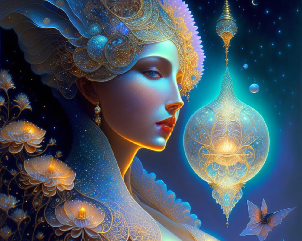 Ethereal woman with decorative headgear and lantern in starry setting
