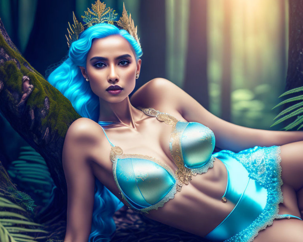 Blue-haired woman with crown in regal fantasy forest scene
