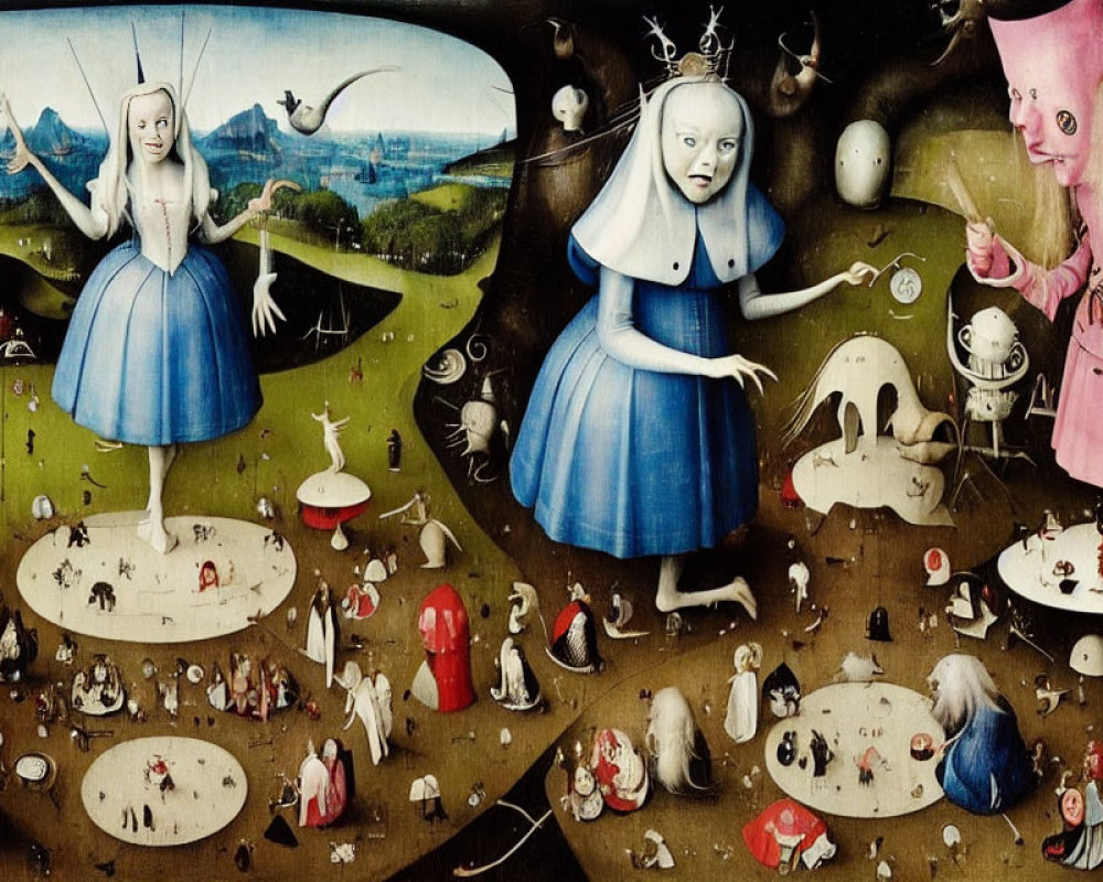 Surreal Alice in Wonderland-themed artwork with whimsical landscapes