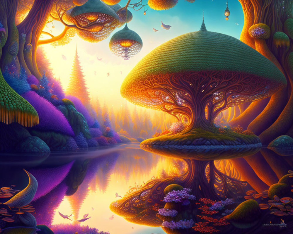 Fantasy landscape with mushroom-like trees and floating lanterns