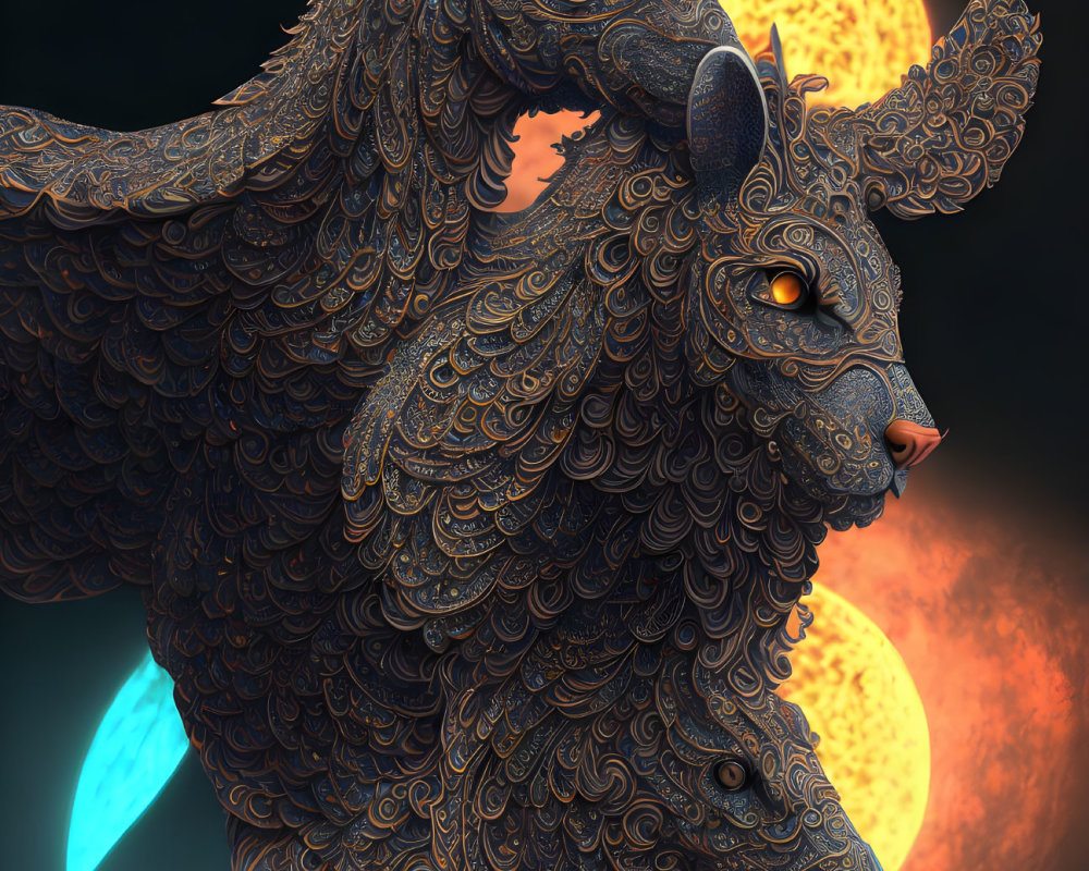Ornate mythical creatures with glowing eyes in intricate patterns on celestial backdrop