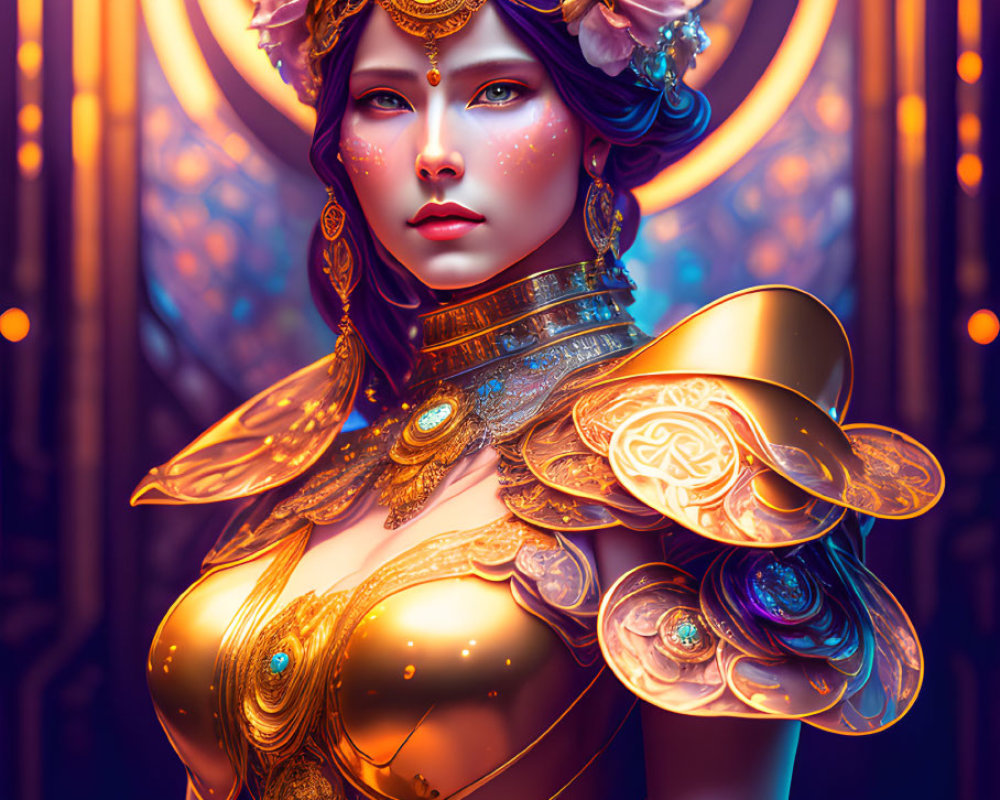 Fantastical Female Character with Purple Skin and Golden Armor