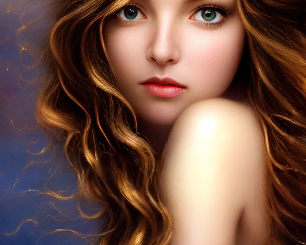 Digital portrait of woman with curly hair, blue eyes, and fair skin on abstract blue background