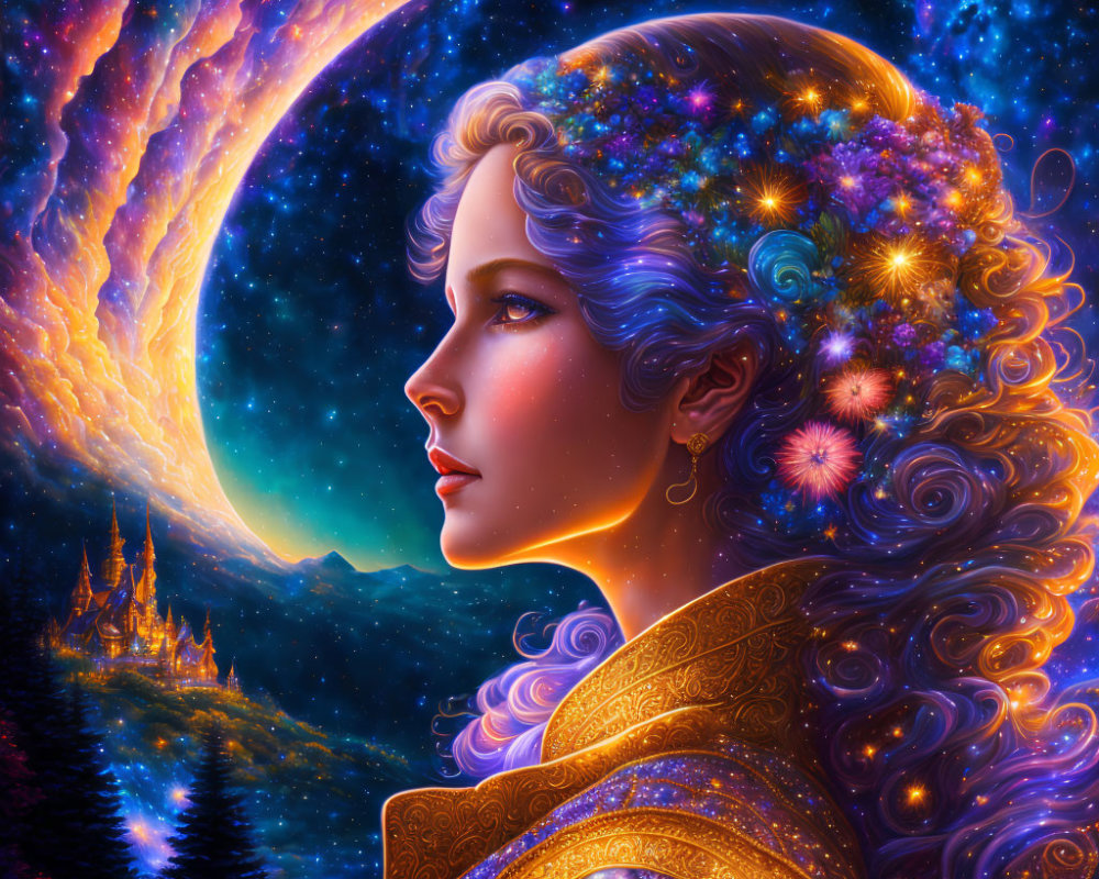 Digital artwork of woman with cosmic hair blending into starry sky and leading to celestial castle