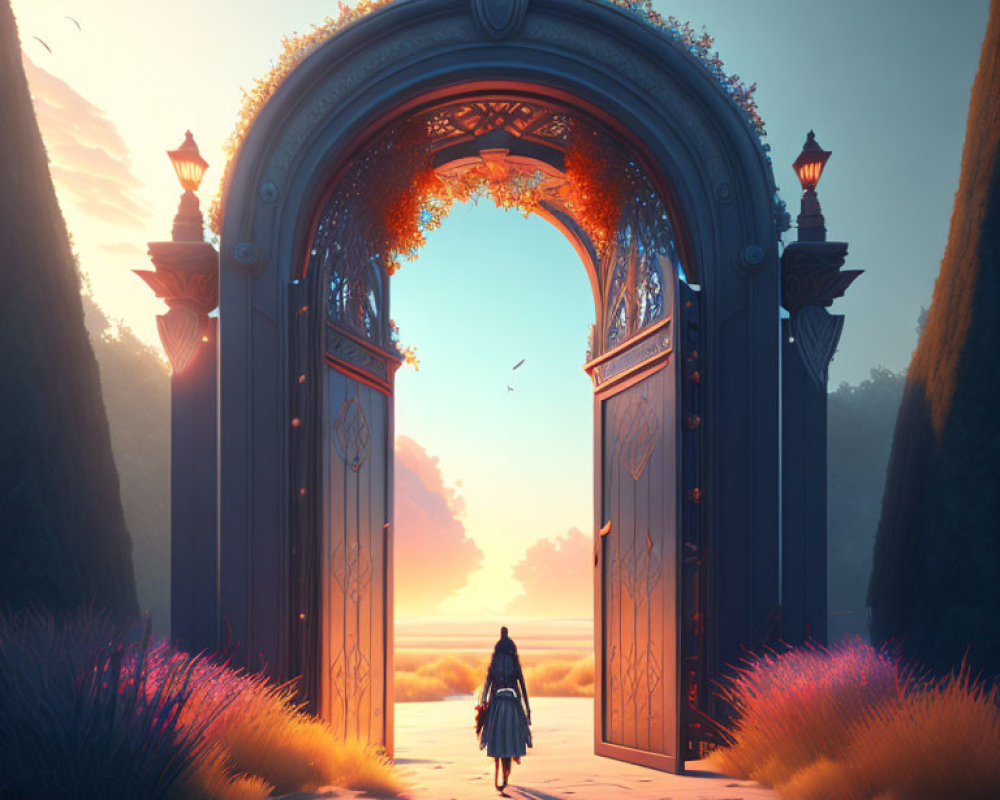Person standing at ornate gate with sunset sky, glowing lamps, and nature surroundings