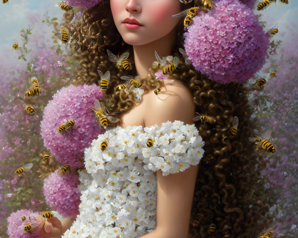 Portrait of woman with bees and pink flowers in curly hair, wearing white floral dress