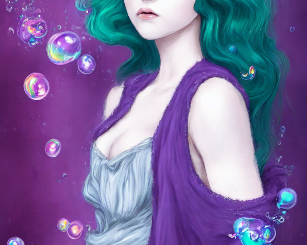 Female Figure with Vibrant Green Hair and Mystical Aura Surrounded by Iridescent Bubbles on
