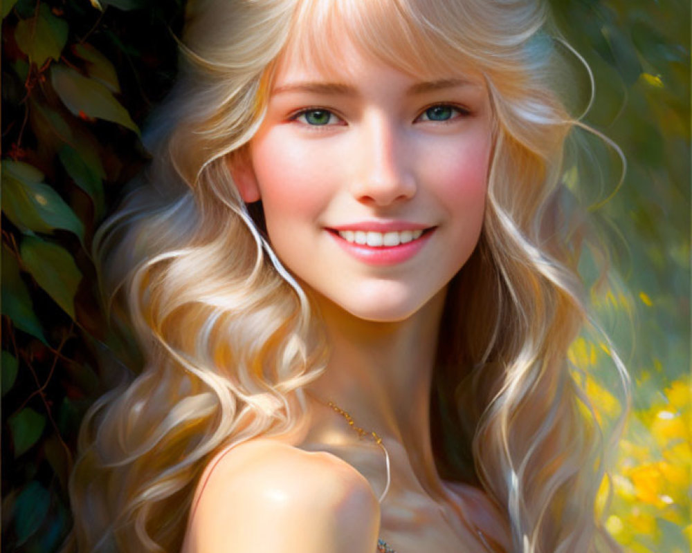 Smiling woman with long blonde hair in sunlit foliage portrait