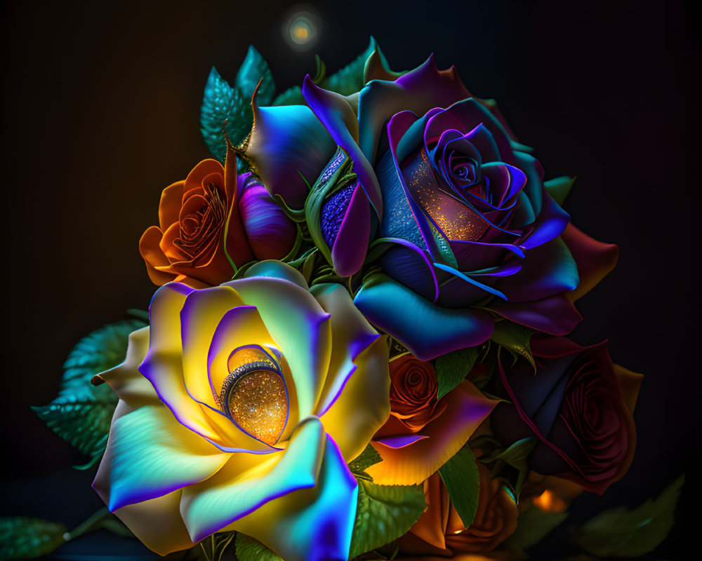 Vibrant Neon Roses Bouquet on Dark Background
