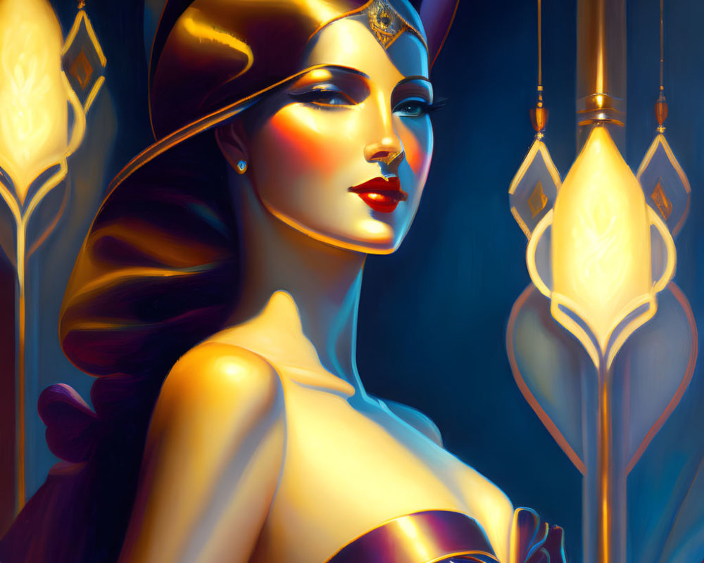 Digital portrait of a woman with headpiece and staff, vibrant colors & dramatic lighting