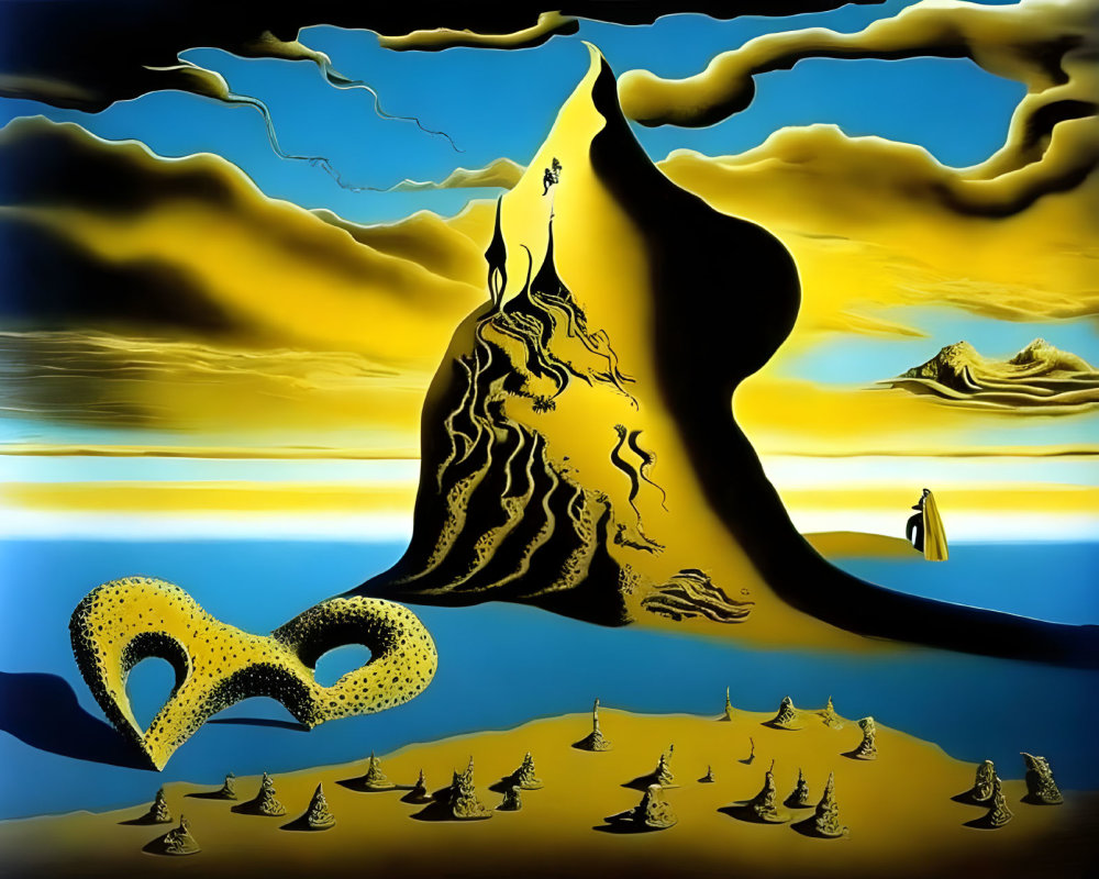Surreal landscape with melting clocks, distorted figure, floating mask, tree-filled desert, yellow sky