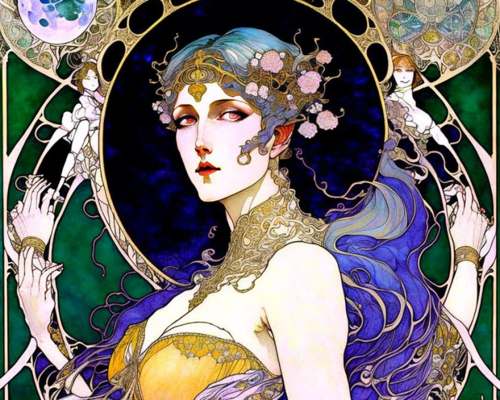 Art Nouveau style illustration of woman with flowing blue hair and intricate jewelry