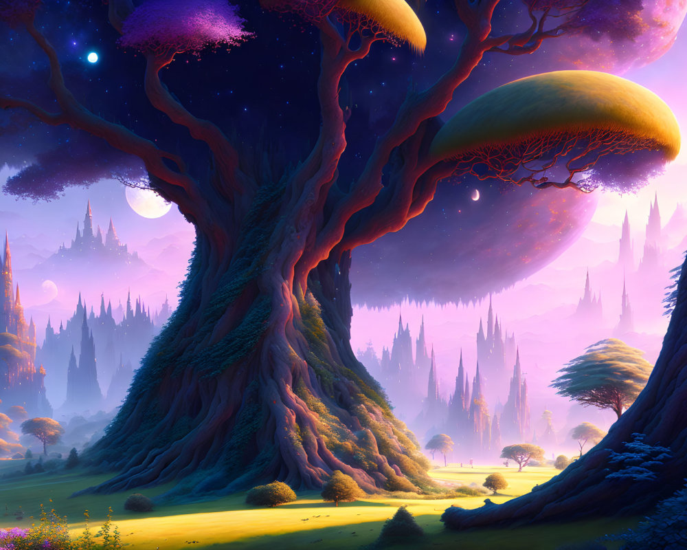 Fantasy Landscape: Colossal Trees, Star-Filled Purple Sky