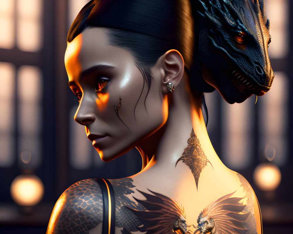 Woman with dragon tattoo on back accompanied by black dragon in front of glowing amber lights
