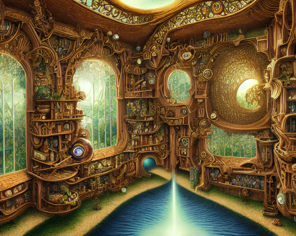 Whimsical wooden room with mechanical gears, serene pool, and lush greenery.