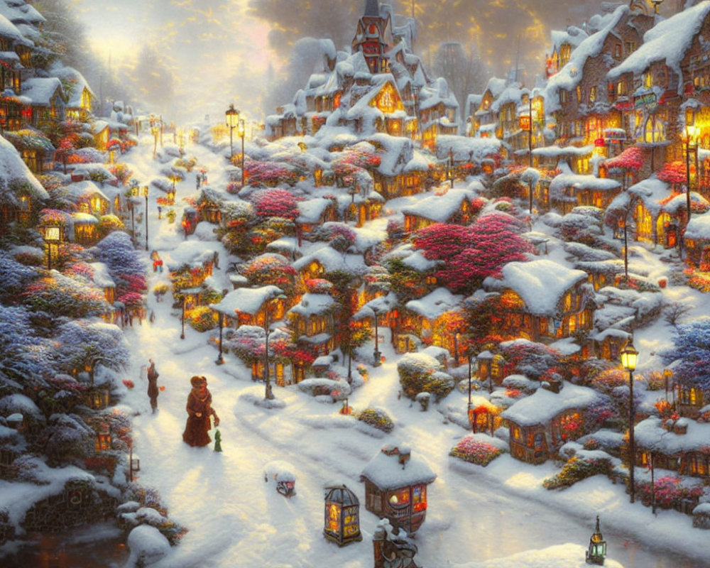 Snow-covered winter village scene with glowing lights and snowman at twilight