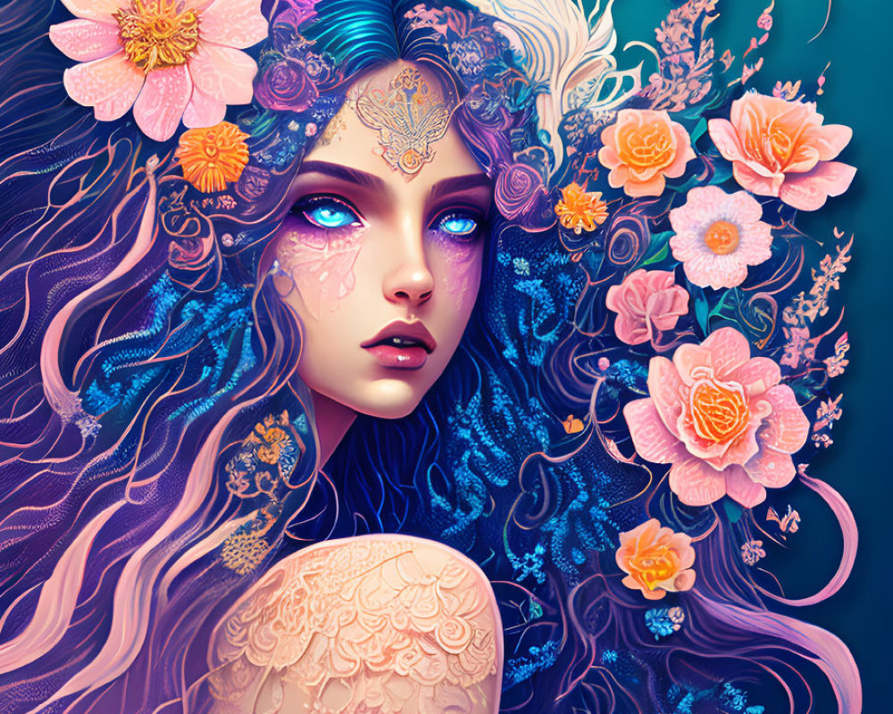 Colorful illustration: Woman with blue eyes and floral/feather designs