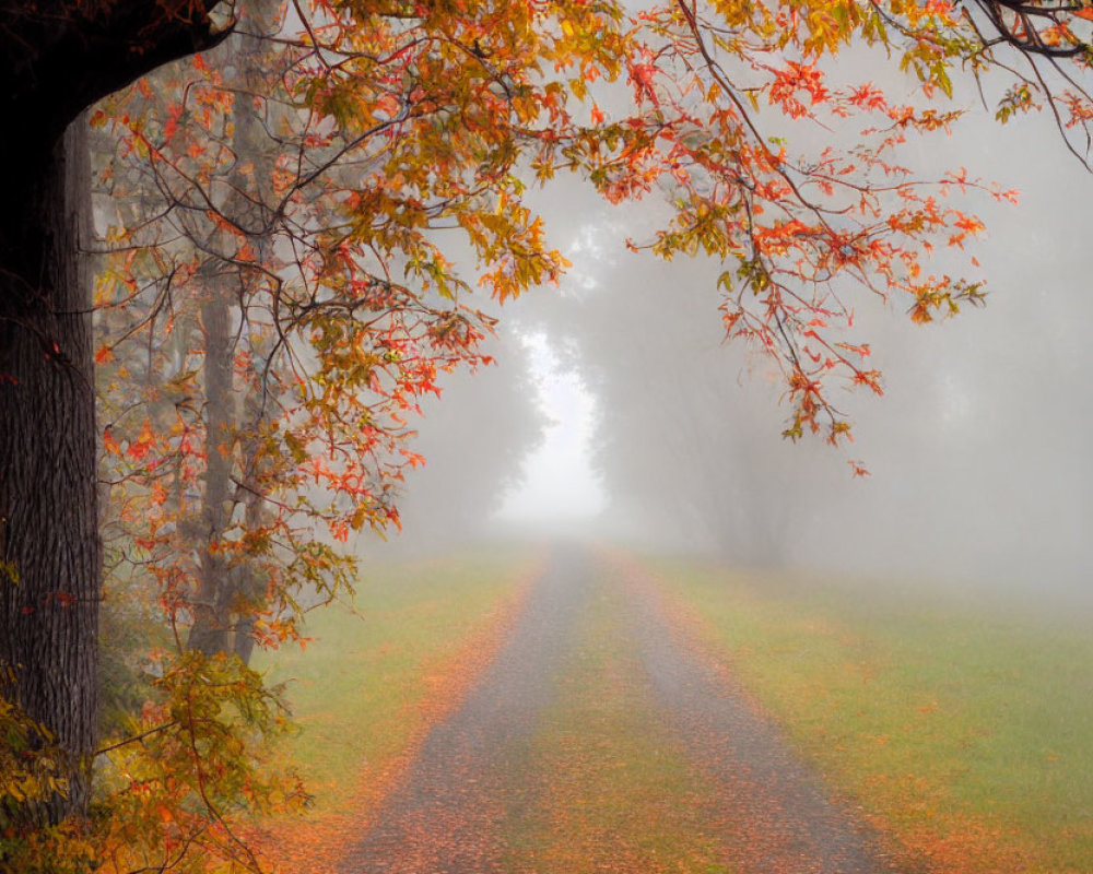 Tranquil autumn landscape with orange tree and misty pathway