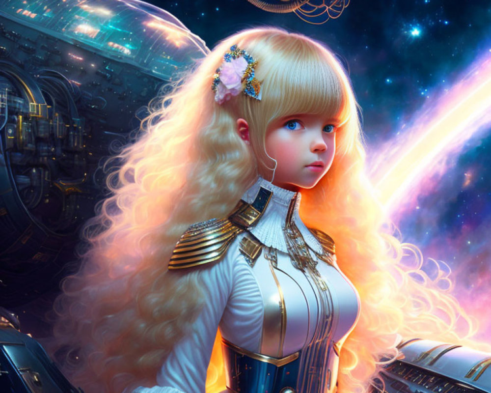 Blond-Haired Girl in White Military Uniform in Cosmic Scene