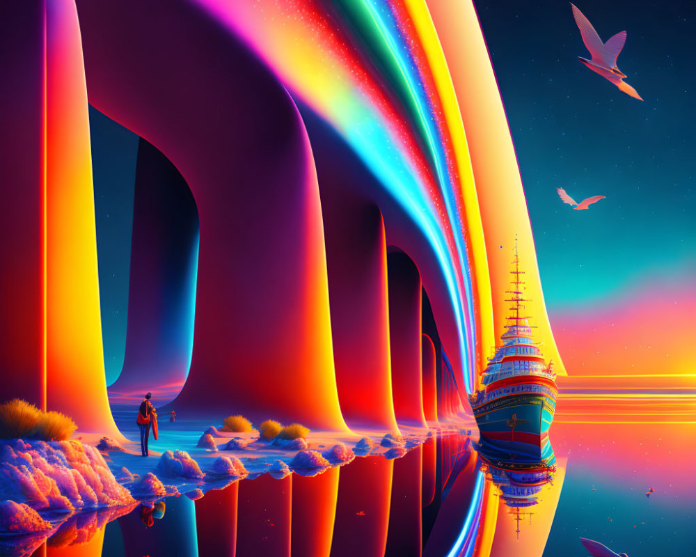 Colorful digital artwork: Person by water, futuristic arc, ship, birds, sunset