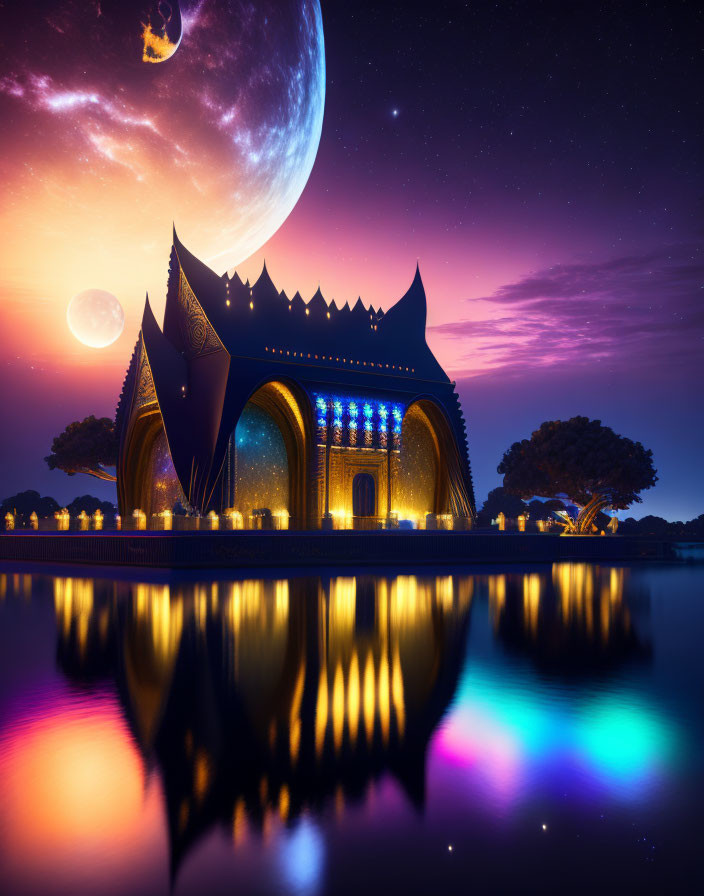 Majestic illuminated structure in fantastical landscape under starry sky