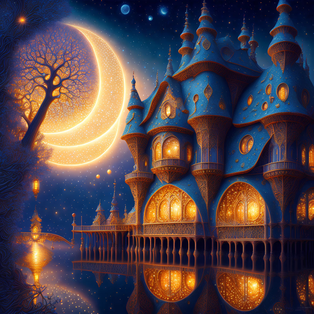 Whimsical blue castle at night with warm lights, reflected in water