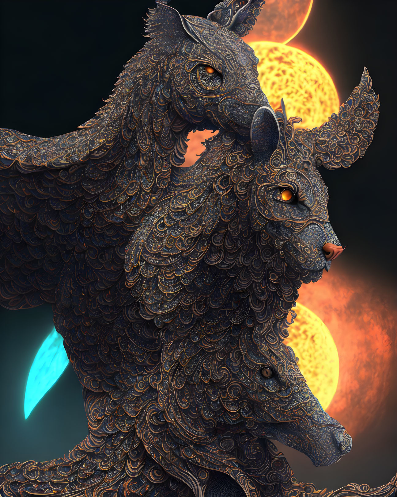 Ornate mythical creatures with glowing eyes in intricate patterns on celestial backdrop