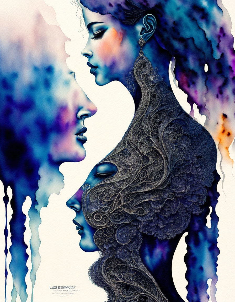 Intricate Watercolor Illustration of Two Profiles in Blue and Purple Hues