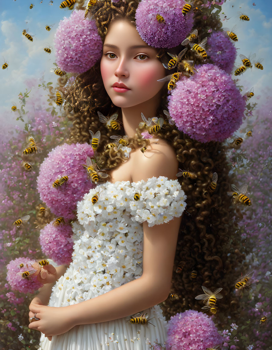 Portrait of woman with bees and pink flowers in curly hair, wearing white floral dress