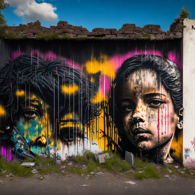 Urban wall mural of two children's faces with expressive eyes in dark tones and bright yellow and pink accents