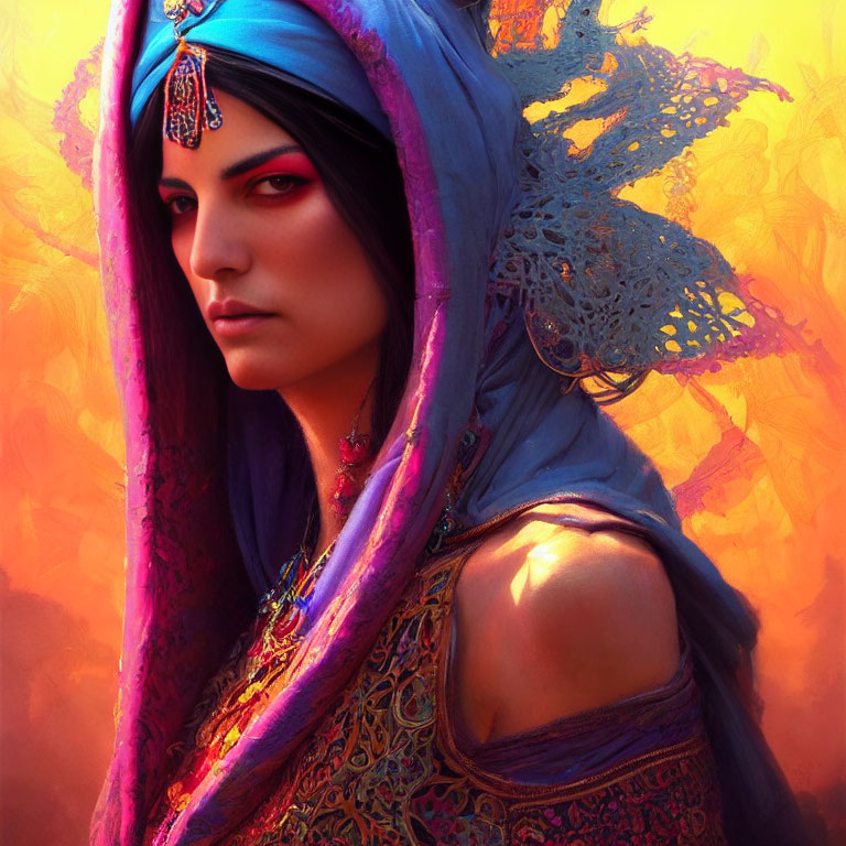 Digital artwork: Woman in purple headscarf with piercing gaze