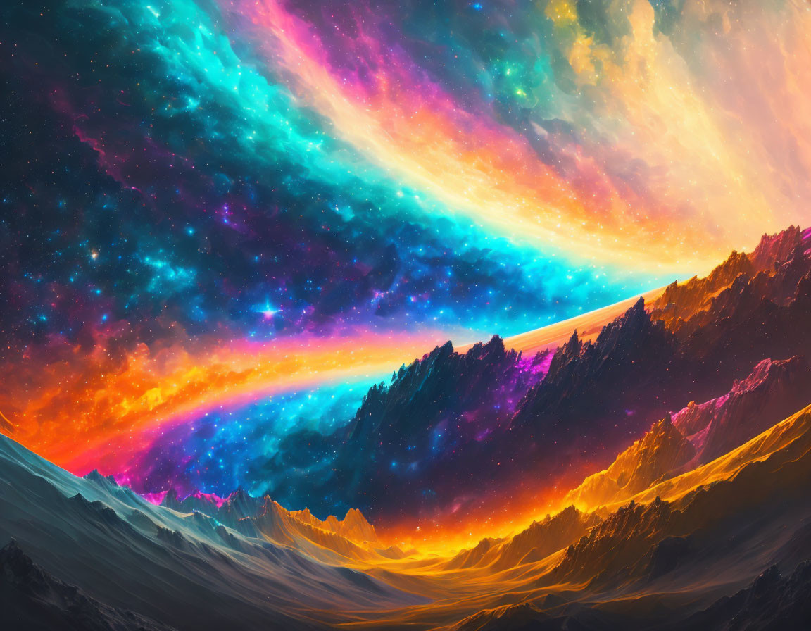 Colorful surreal landscape with mountains under starry sky