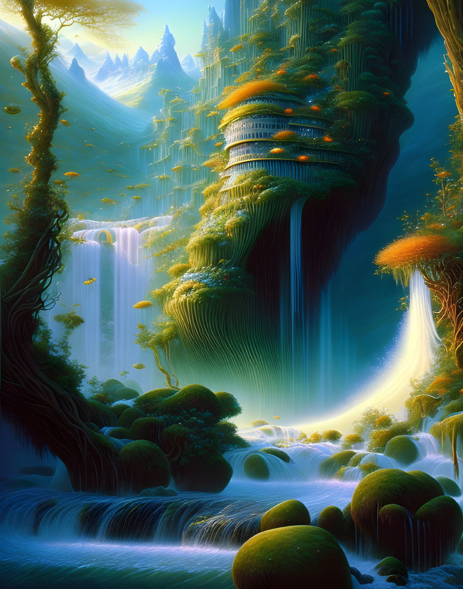 Fantastical Landscape with Vertical Garden, Waterfalls, River, and Surreal Light