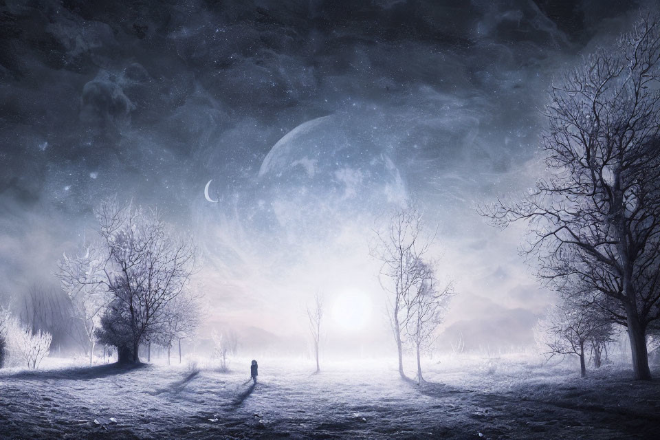 Solitary figure in snowy night landscape under large moon and crescent