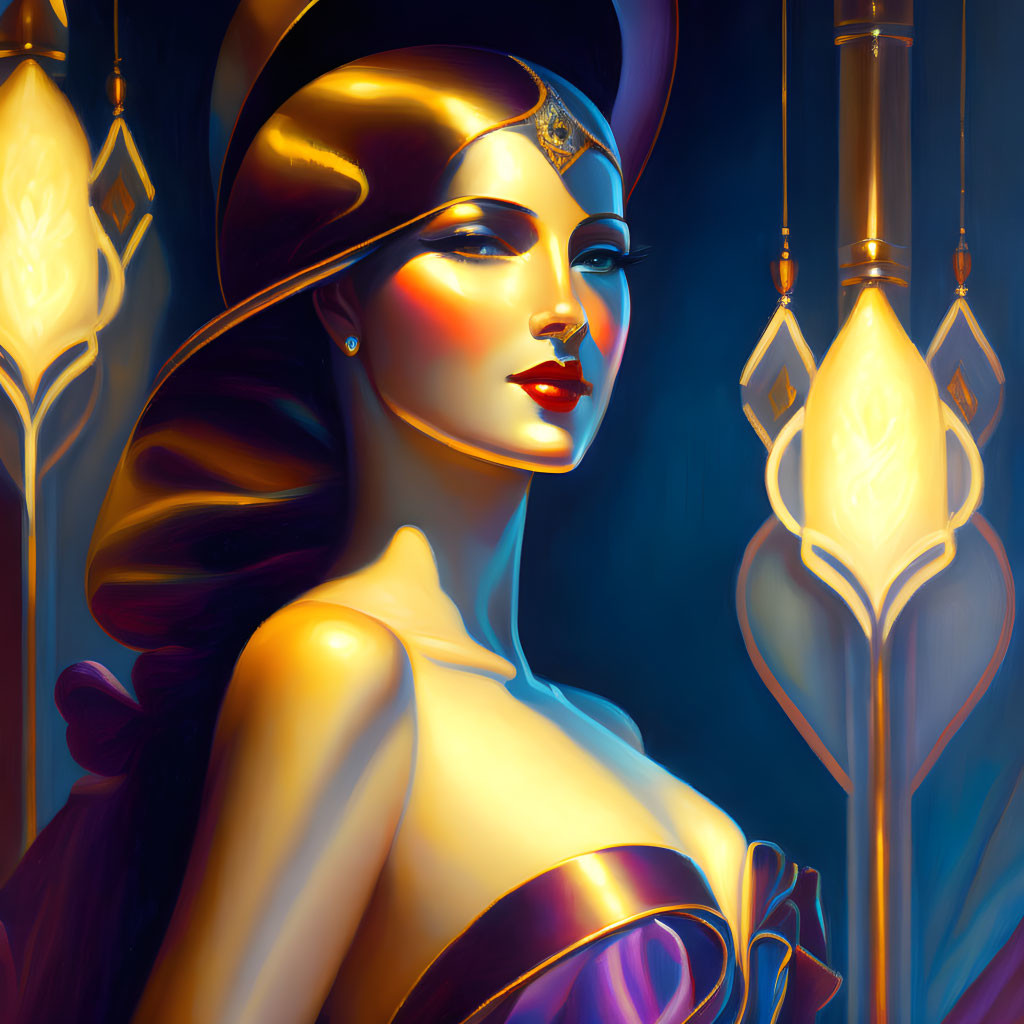 Digital portrait of a woman with headpiece and staff, vibrant colors & dramatic lighting