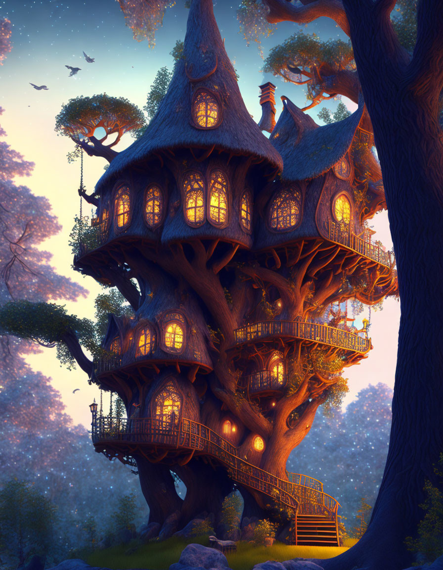 Multi-level treehouse with wooden staircases in twilight forest