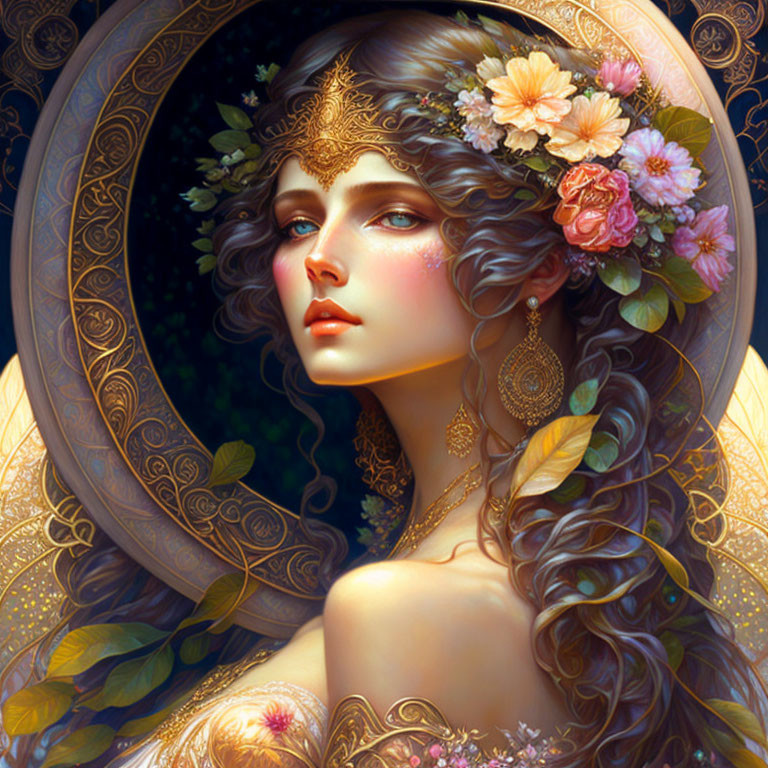 Ethereal woman illustration with wavy hair and floral adornments