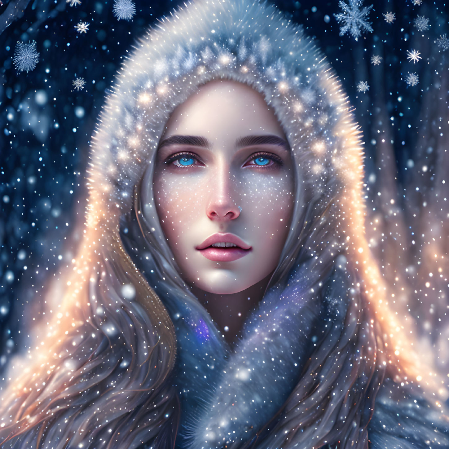 Digital Art Portrait of Woman with Blue Eyes and Hood in Snowy Setting