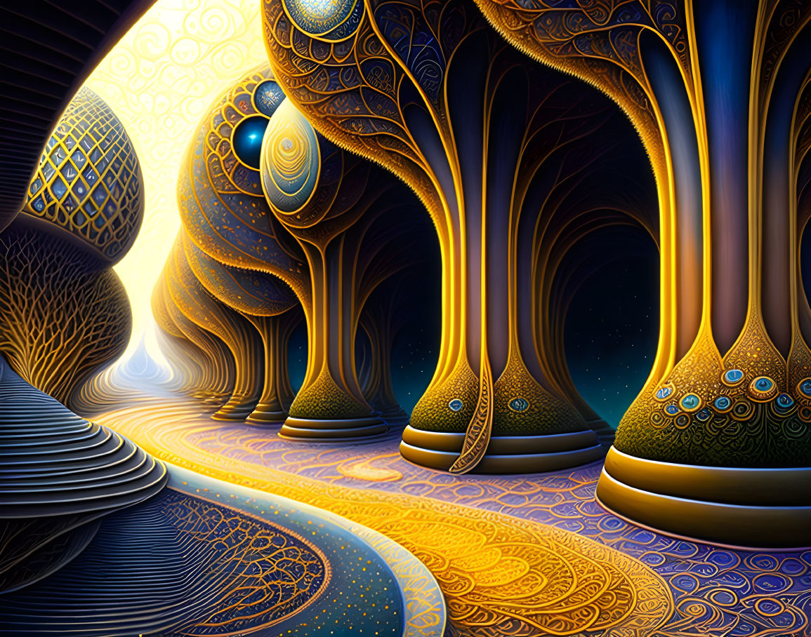Colorful digital artwork: stylized trees, hanging spheres, flowing river, ornate designs, warm