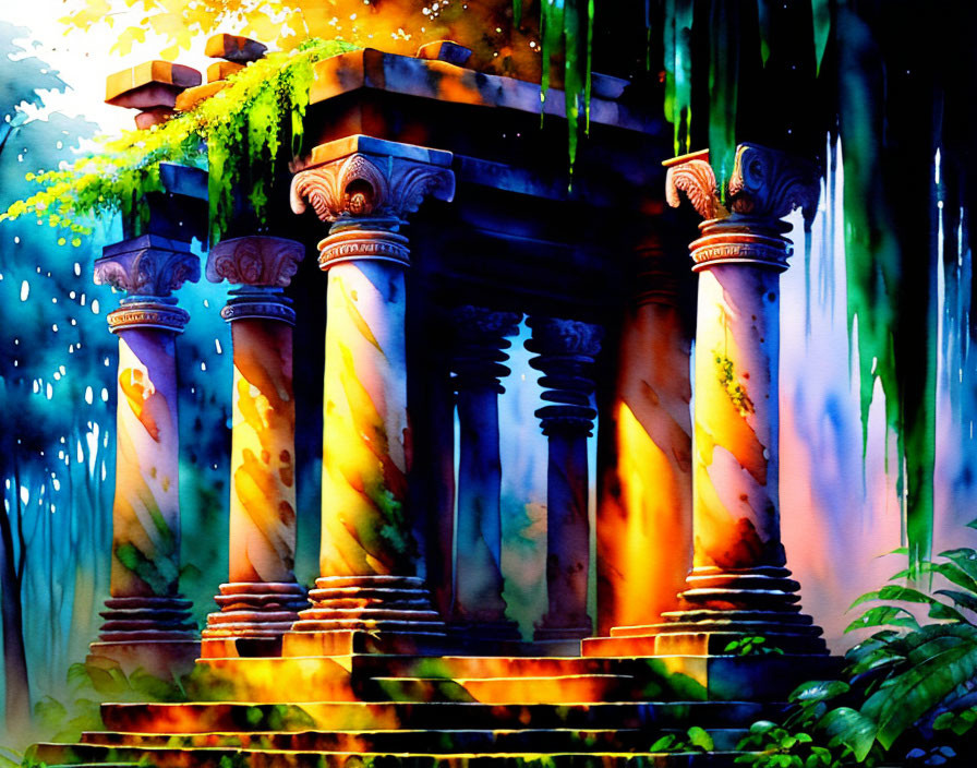 Ancient Temple in Sunlit Jungle with Intricate Carvings