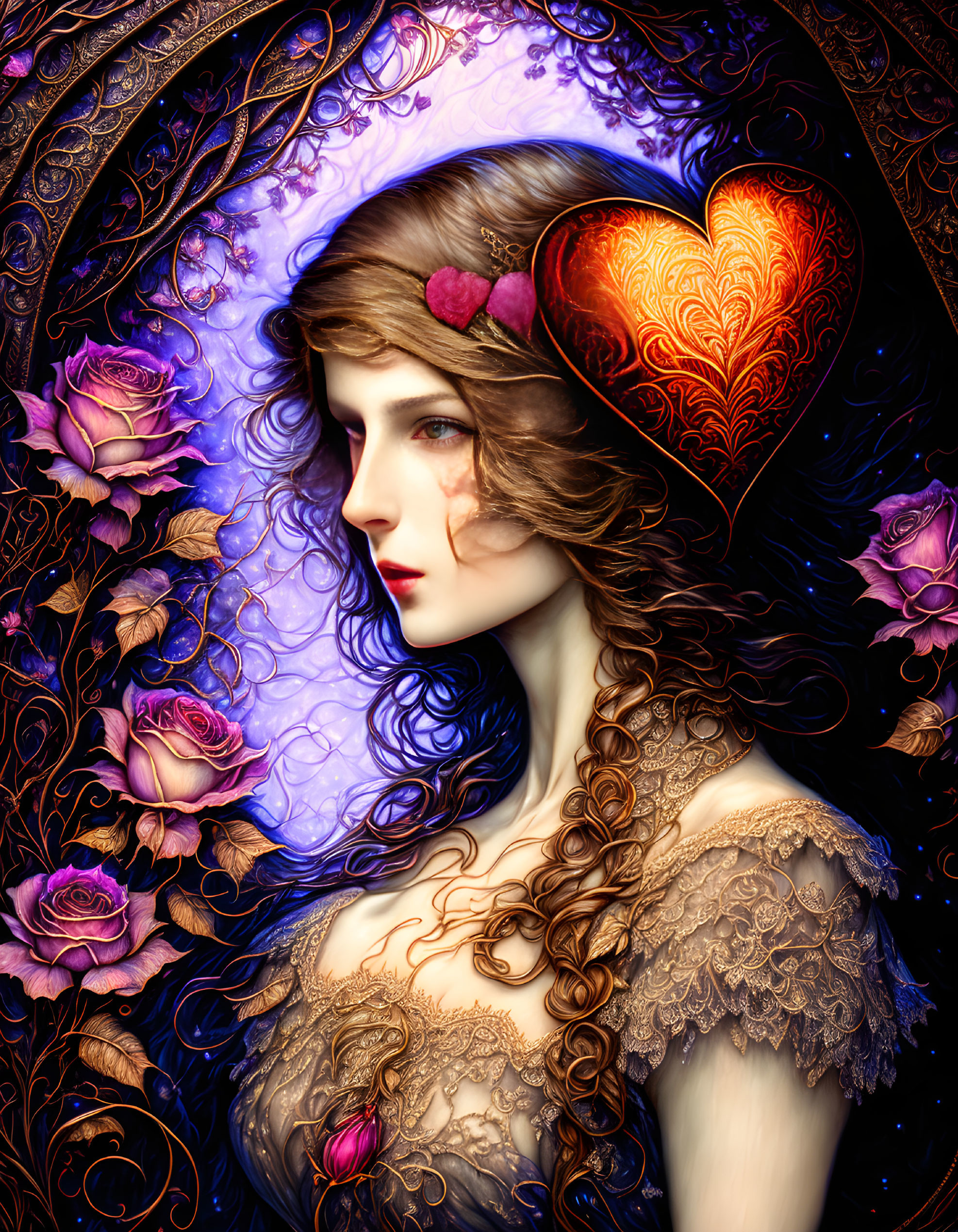 Illustration of woman with flowing hair in purple hues, roses, and red heart halo