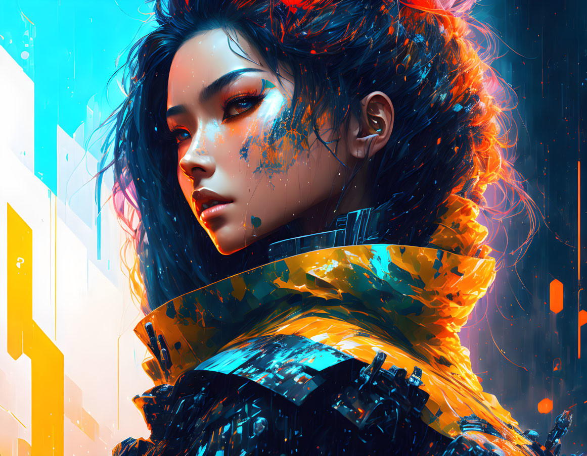 Futuristic cyberpunk portrait of a woman in vibrant colors